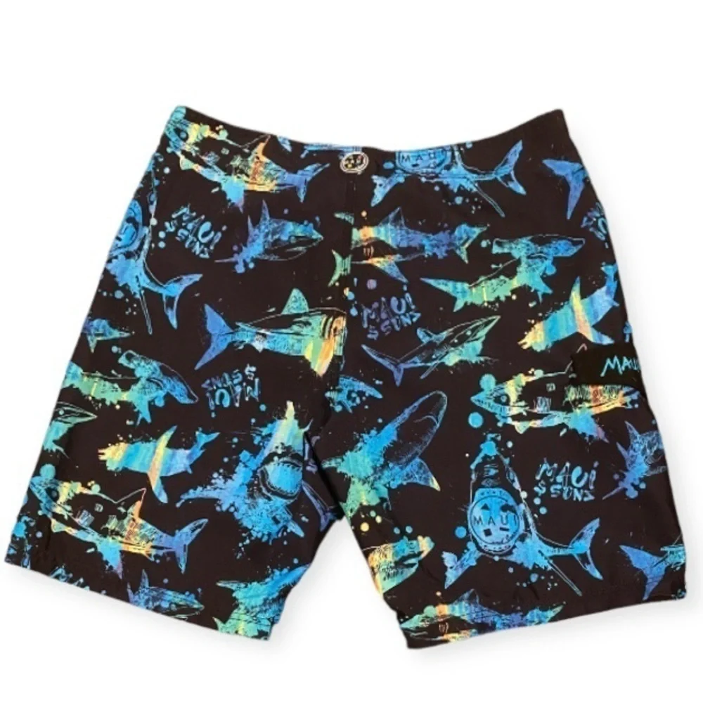 Maui & Sons Sz 36 Shark Boardshorts Mens Swim Surf Beach Black Colorful